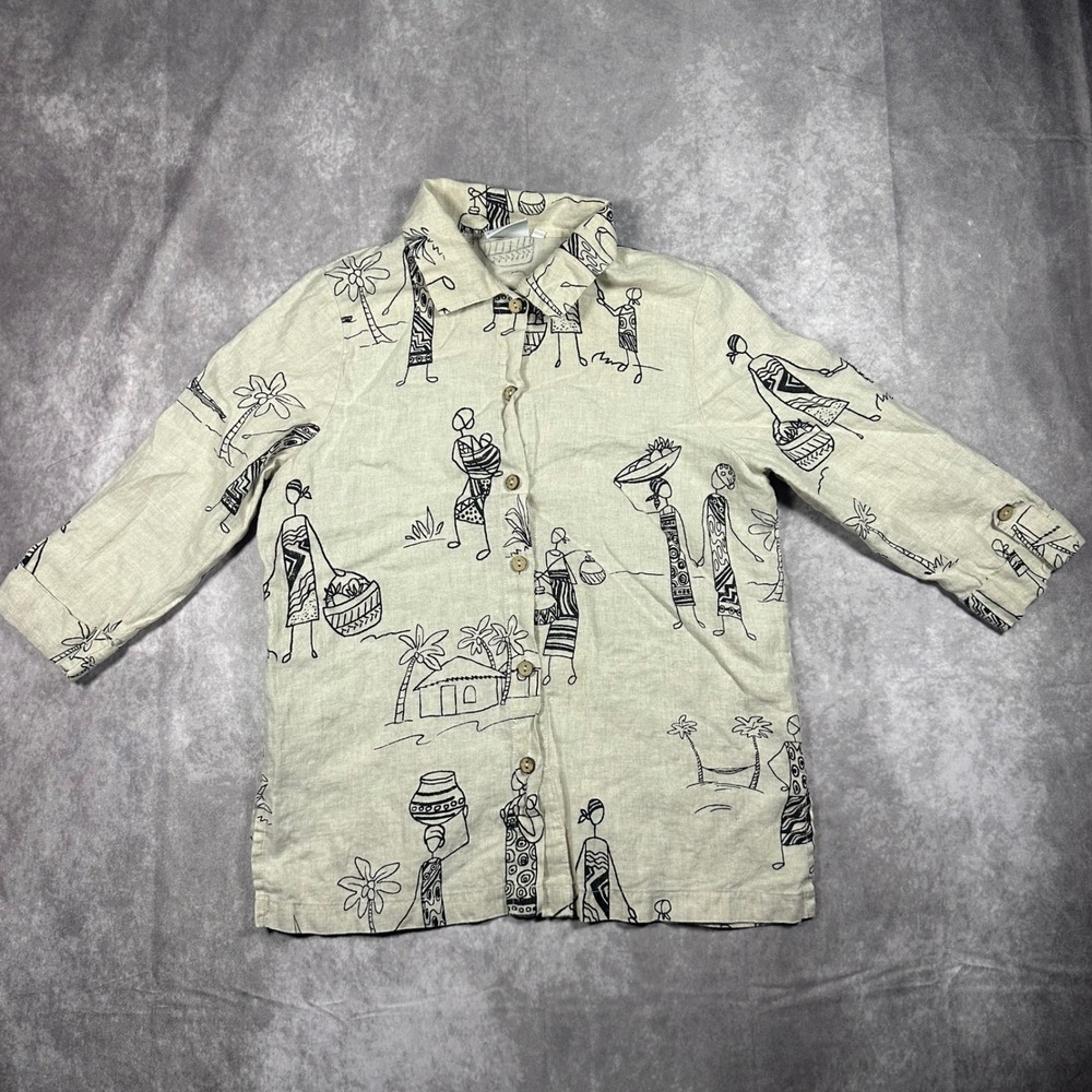 Vintage Hot Cotton Marc Ware Womens Small Beige Linen African Village Button Up